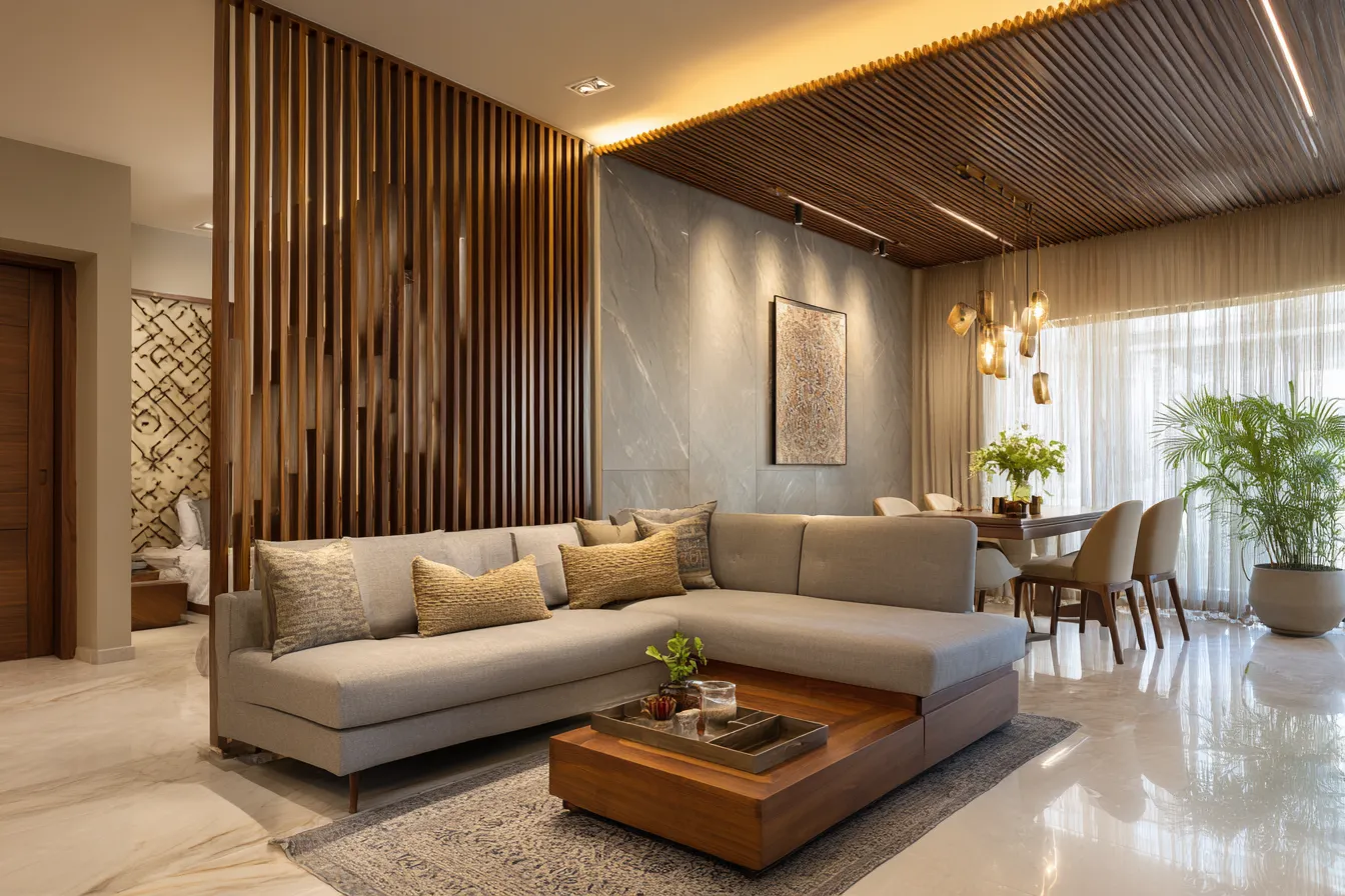Living Room Partition Design With Wooden Slats