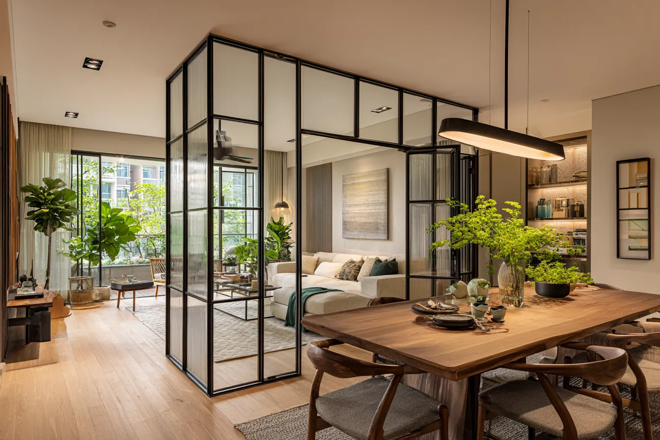 Modern Glass Partition Design Between Living and Dining Room