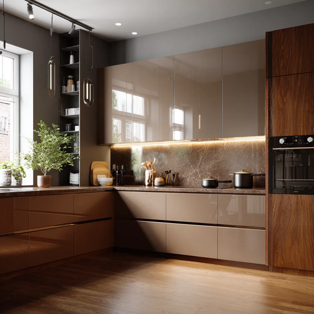 Brown Acrylic Kitchen Cabinets Design