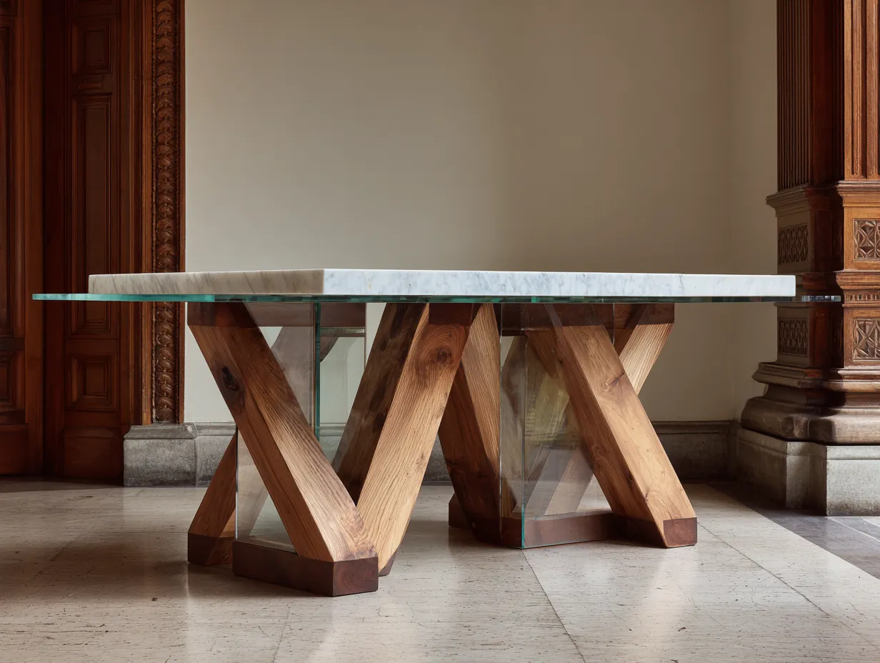 Glass Segun Wood Dining Table Paired with Marble Top