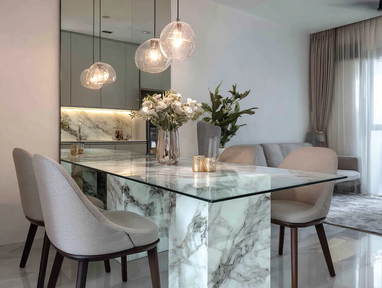 Glass Top Dining Table with Marble Base