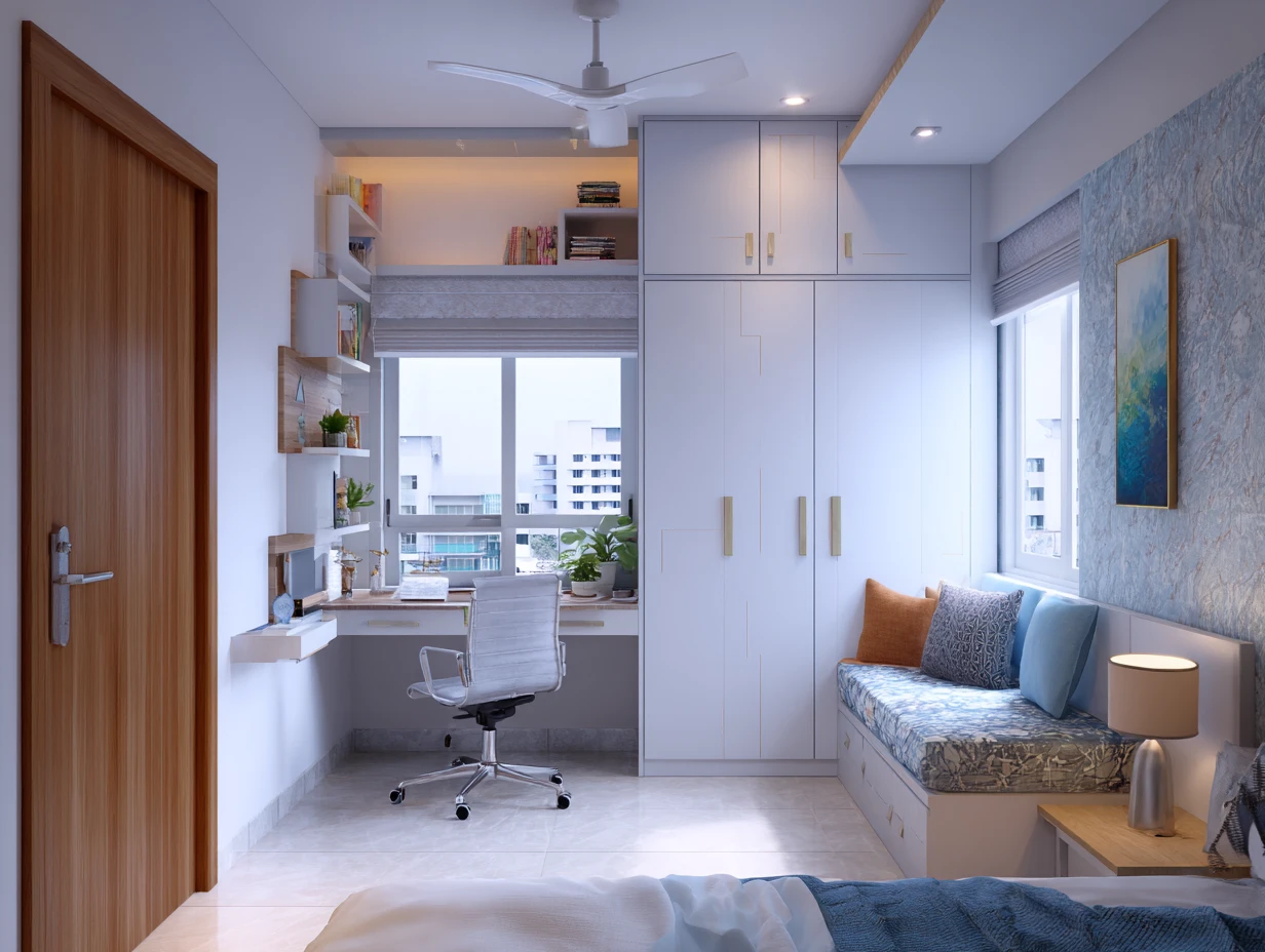 Kids' Wardrobe Design with Attached Study Table