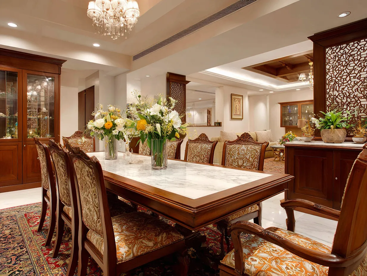 Marble Top Dining Table Paired with Teak Wood