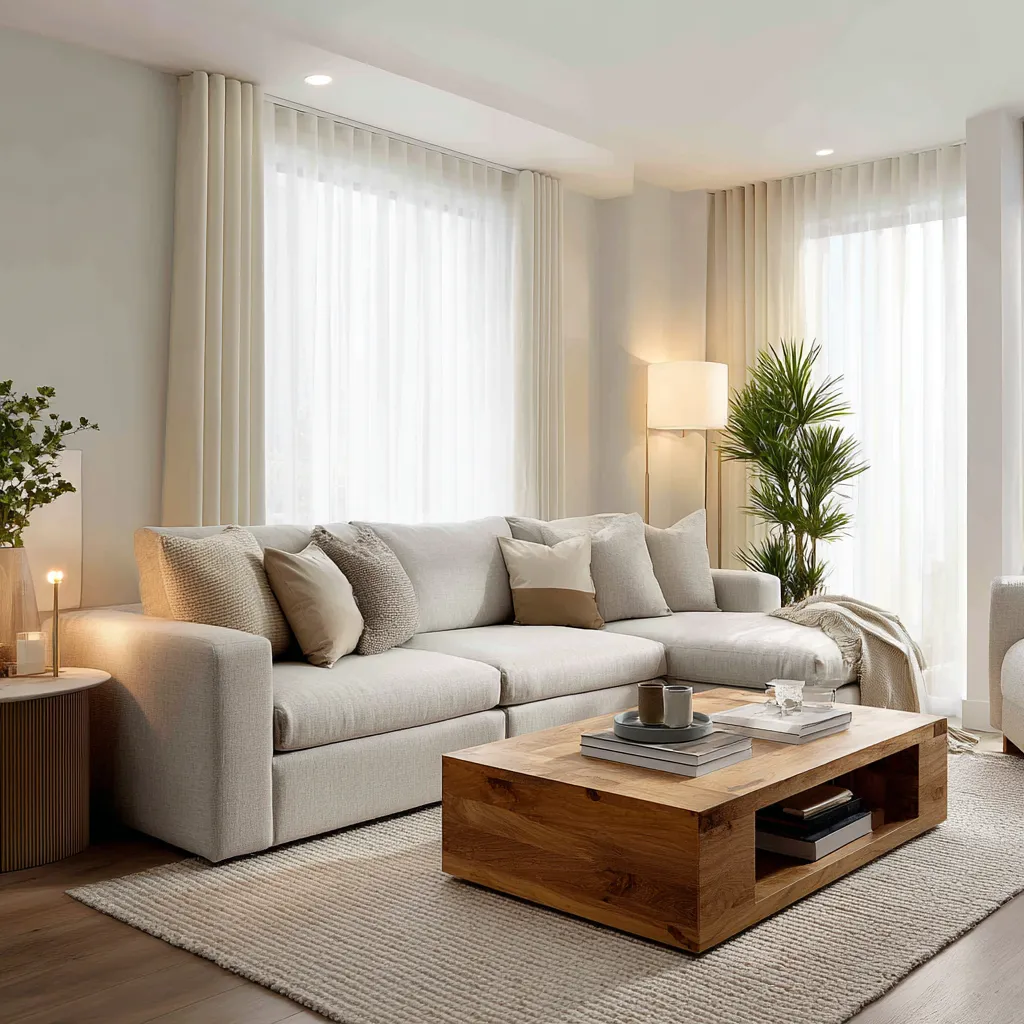 Modern Living Room Decoration with Beige Sofa Wooden Coffee Table And Soft Lighting
