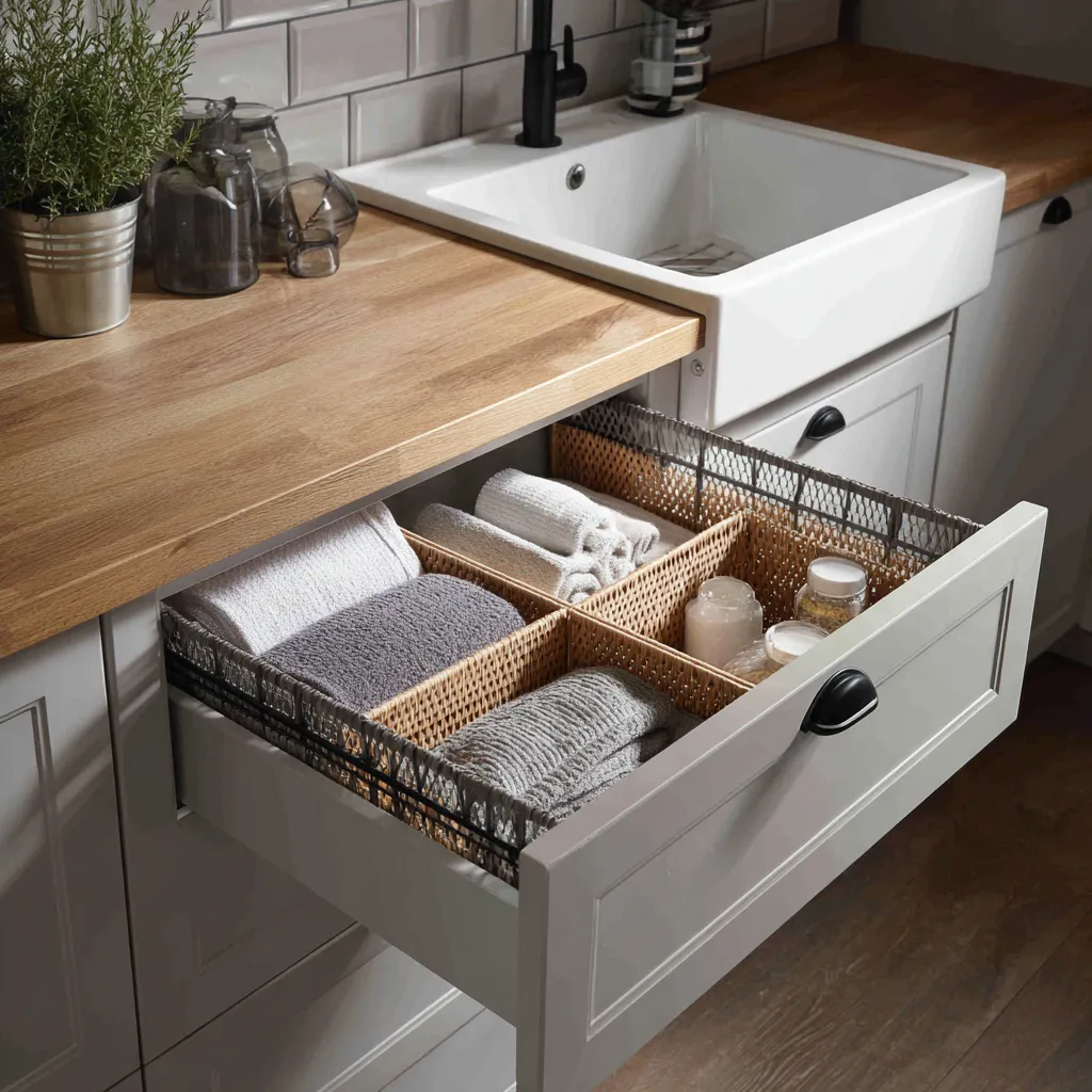 Towel and Cleaning Cloth Modular Kitchen Drawer Design