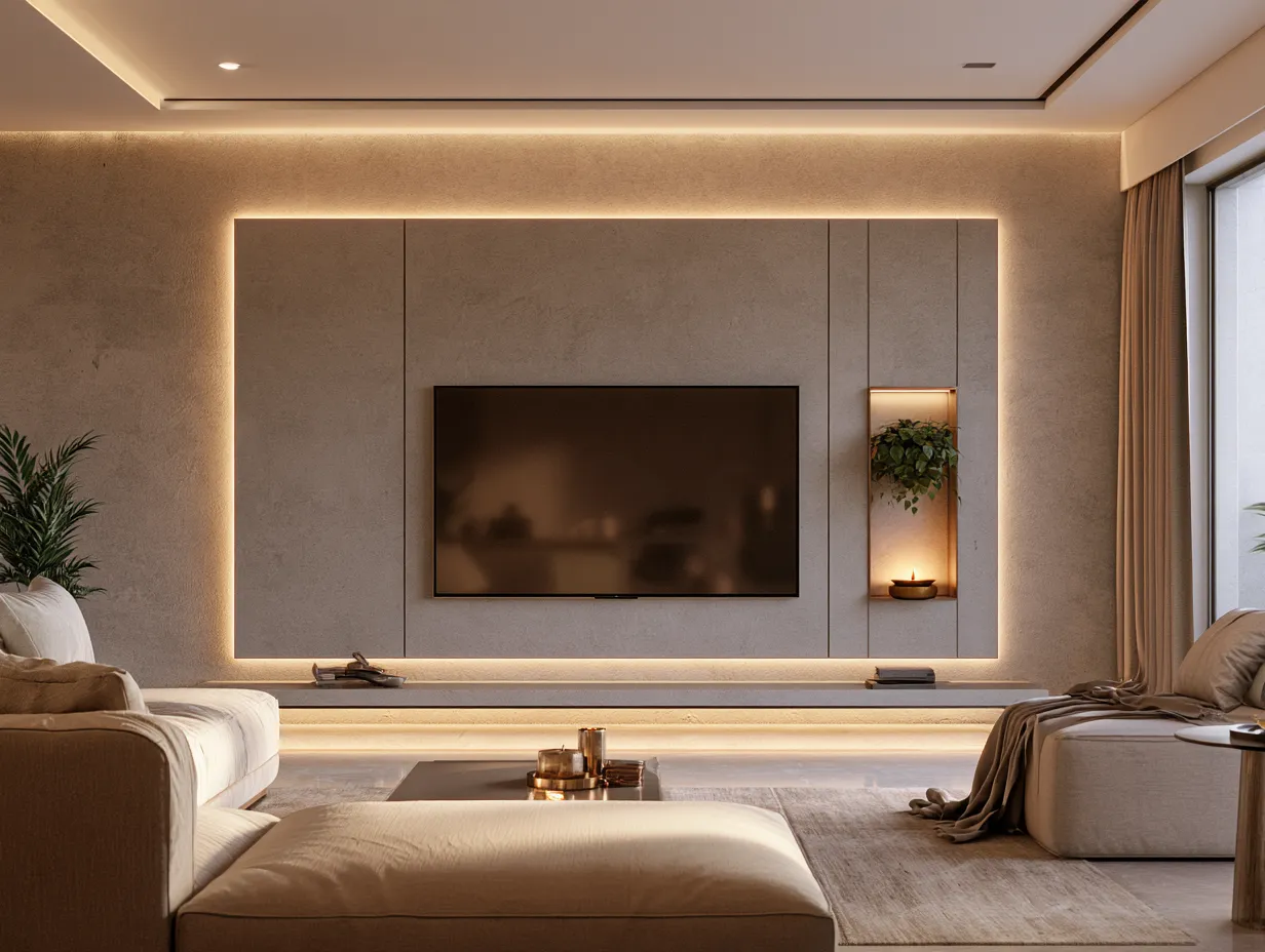 Backlit TV Panel With Display Niche for Medum Living Room Backlit LED Panel Design with Display Niche for Medum Living Room