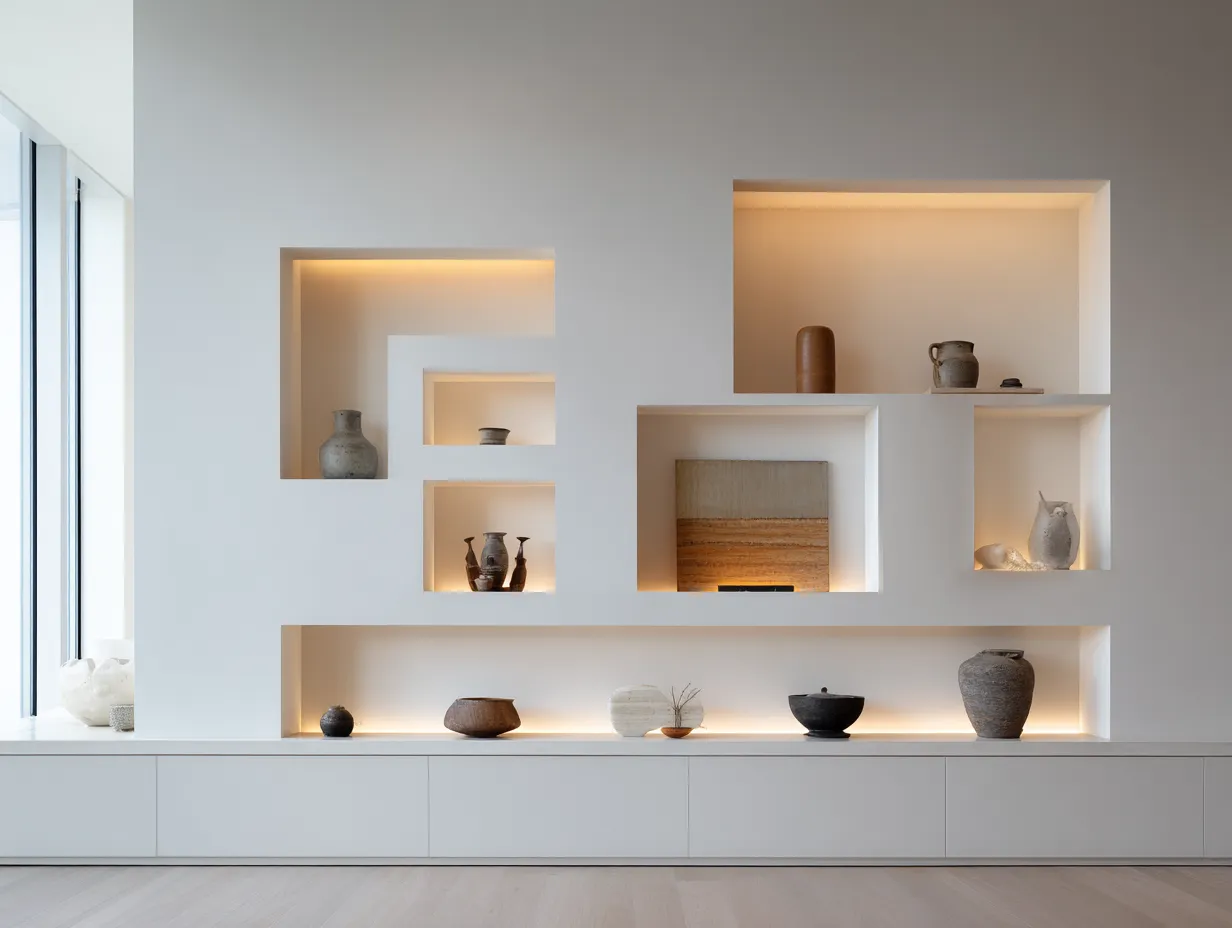 Built-In Wall Niches with Soft Backlighting- Drawing Room Interior Design Idea