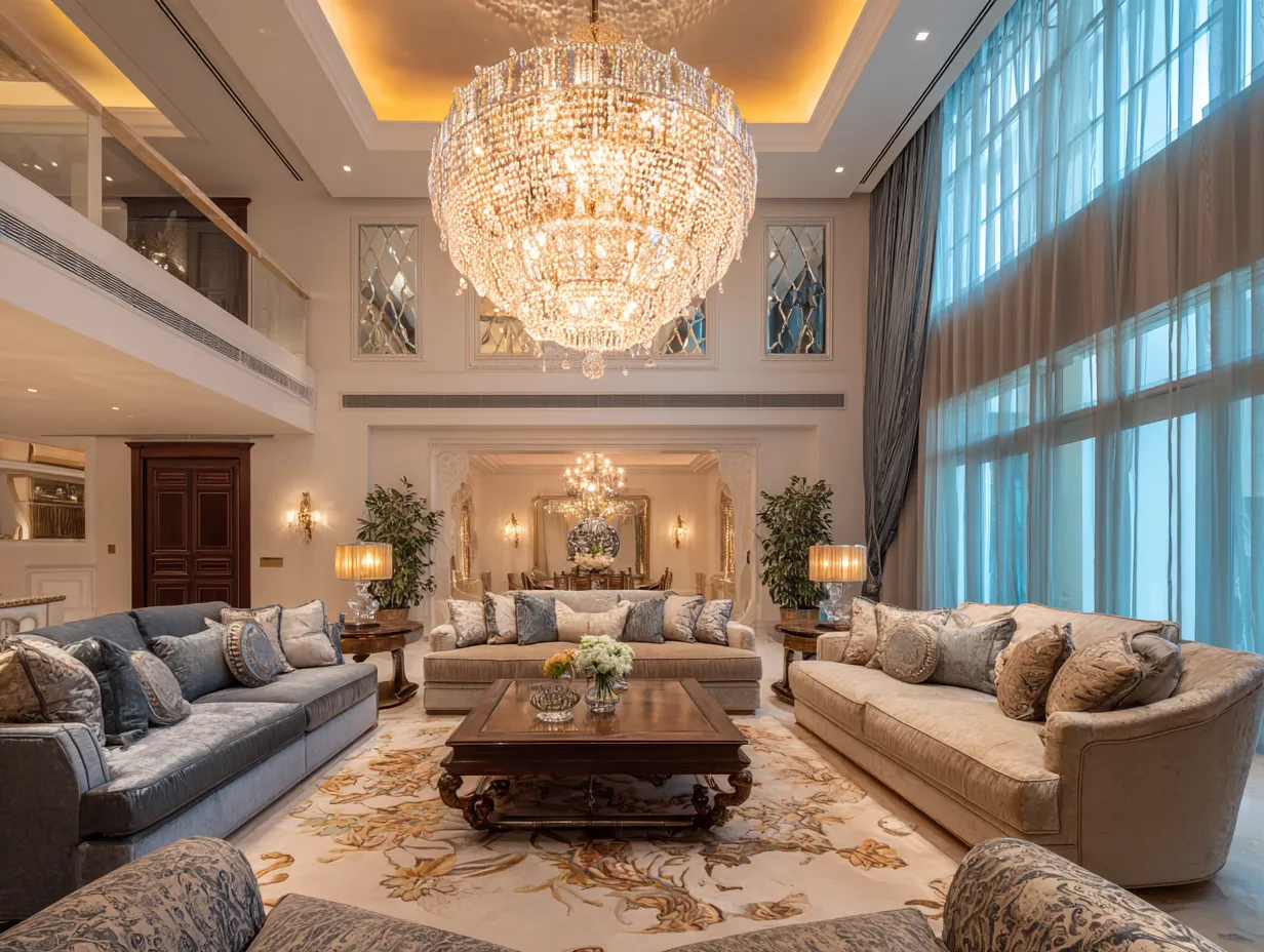 Chandelier Above the Central Seating Area- Luxury Hall Interior Design Inspirations