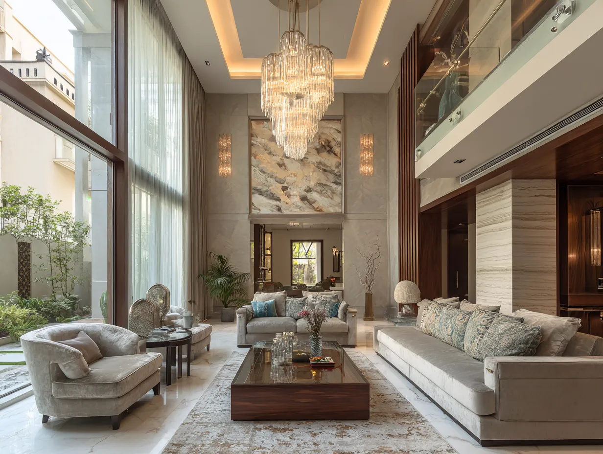 Double Height Duplex Hall Interior Design with Chandelier