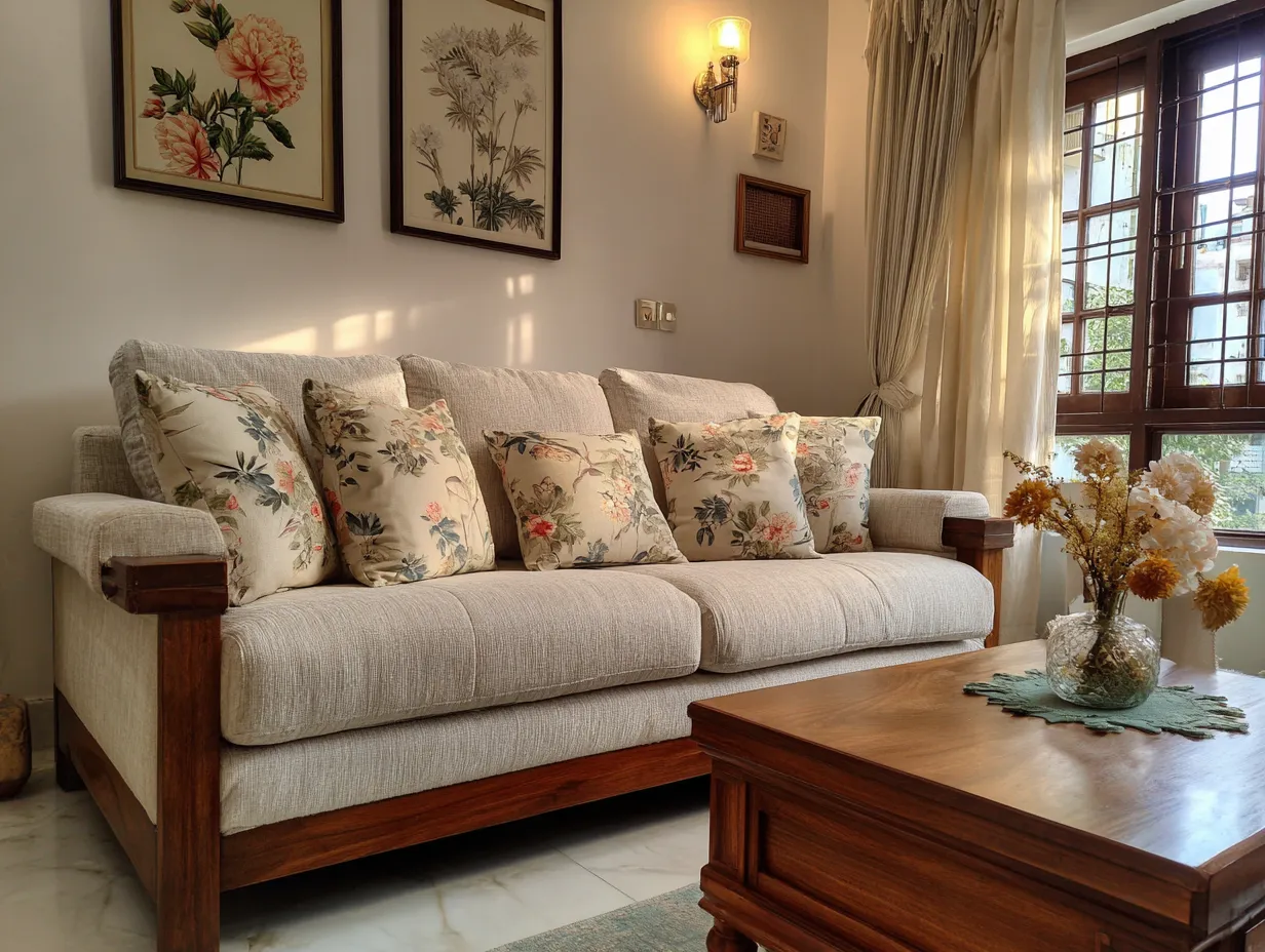 Fabric Sofa with Wooden Armrests- Middle Class Hall Interior Design Ideas