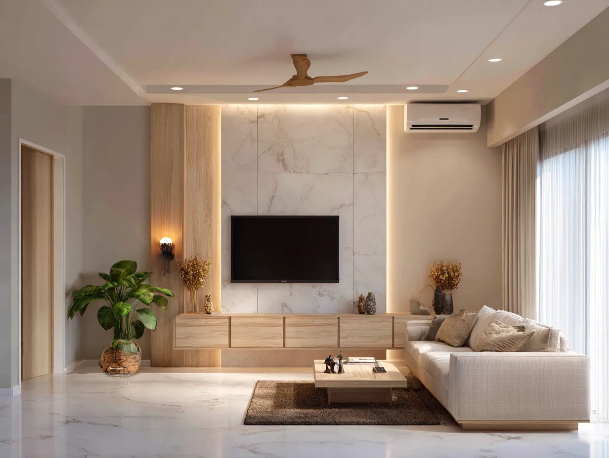 Floating TV Unit with Backlit Panel- Modern Hall Interior Design Ideas