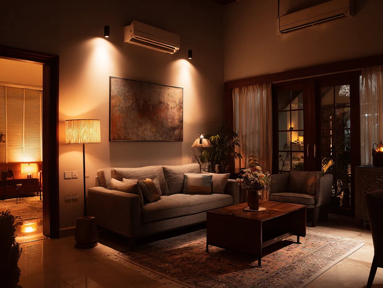 Layered Lighting with Ceiling and Floor Lamps- Hall Decoration Ideas