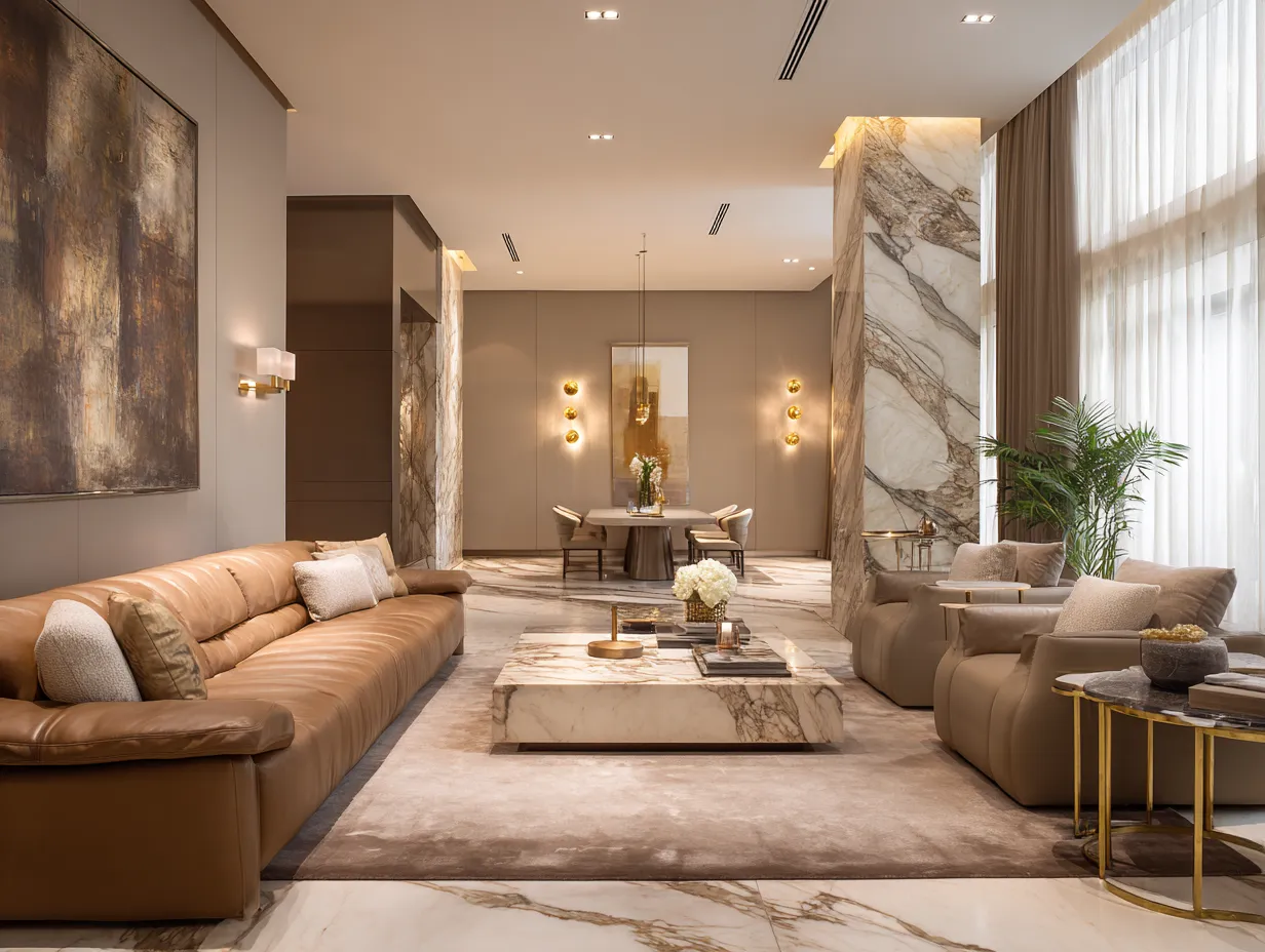 Leather Sofa with Gold Accent Tables- Luxury Hall Interior Design Inspirations