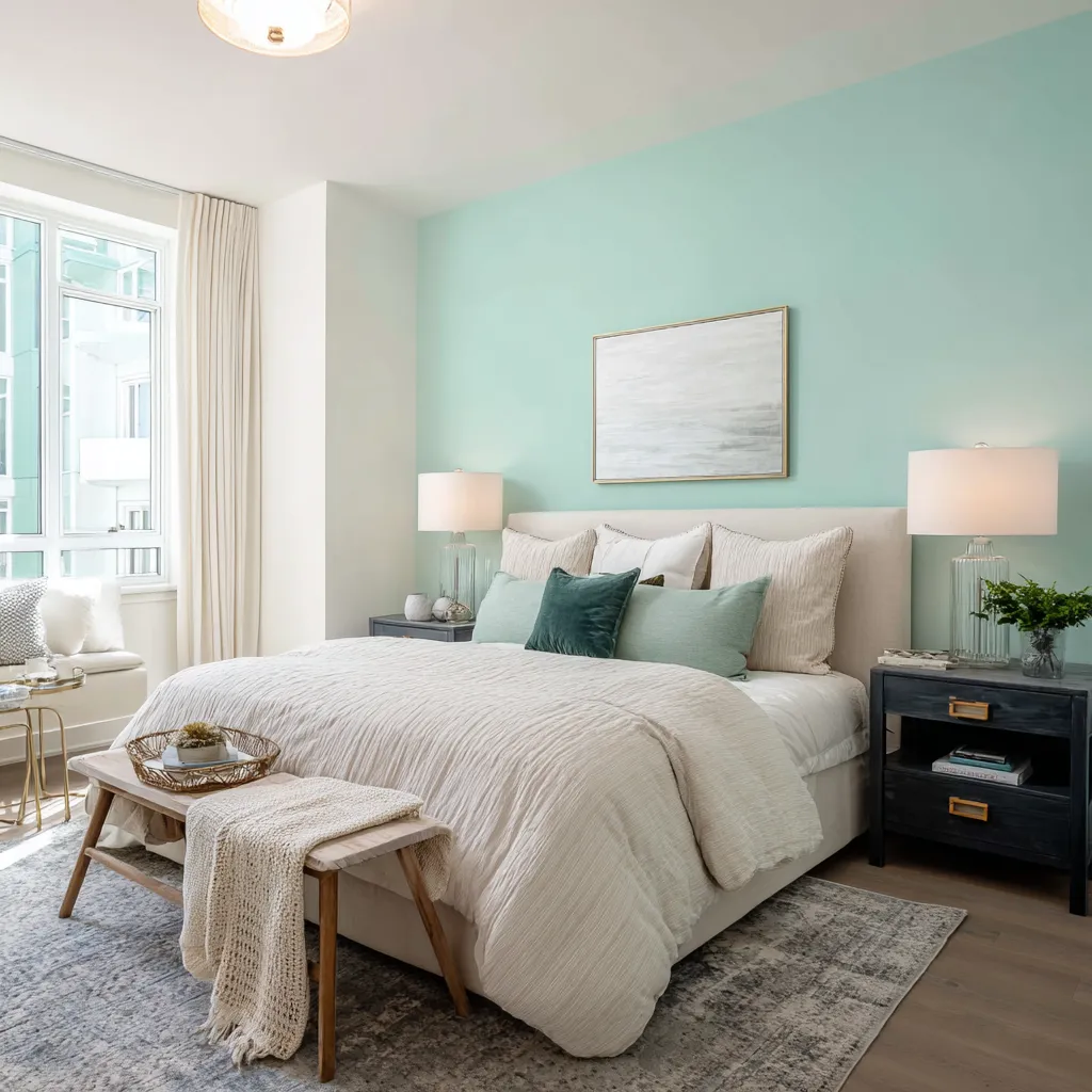 Light Teal and Soft White Light Colour Combination for Bedroom Walls