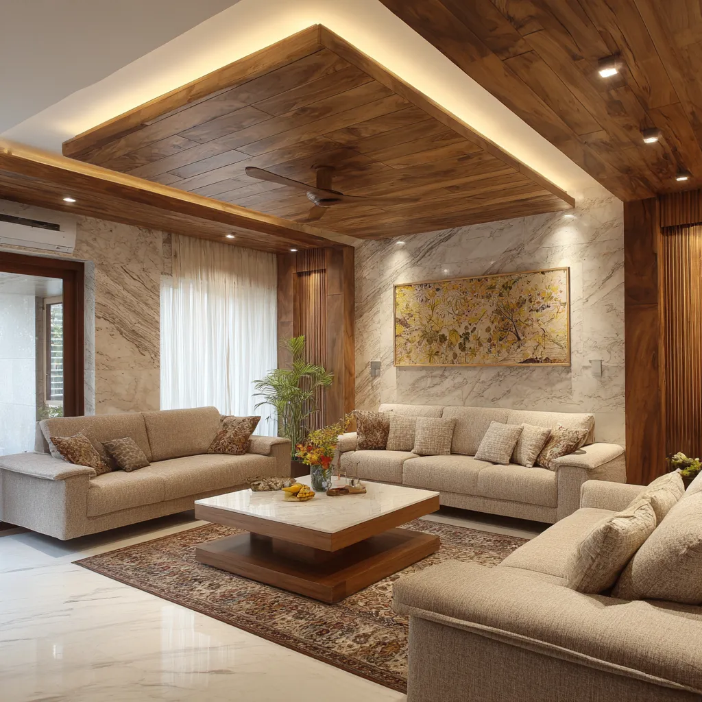 Living Room POP Design with Wooden Panels
