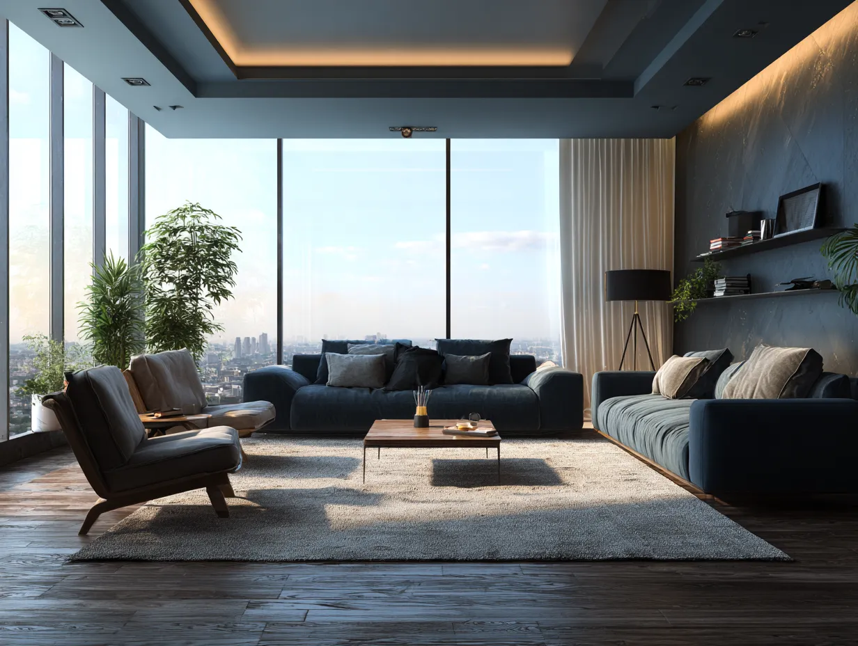 Low Seating Sofa with a Wide Rug Base- Drawing Room Interior Design Idea