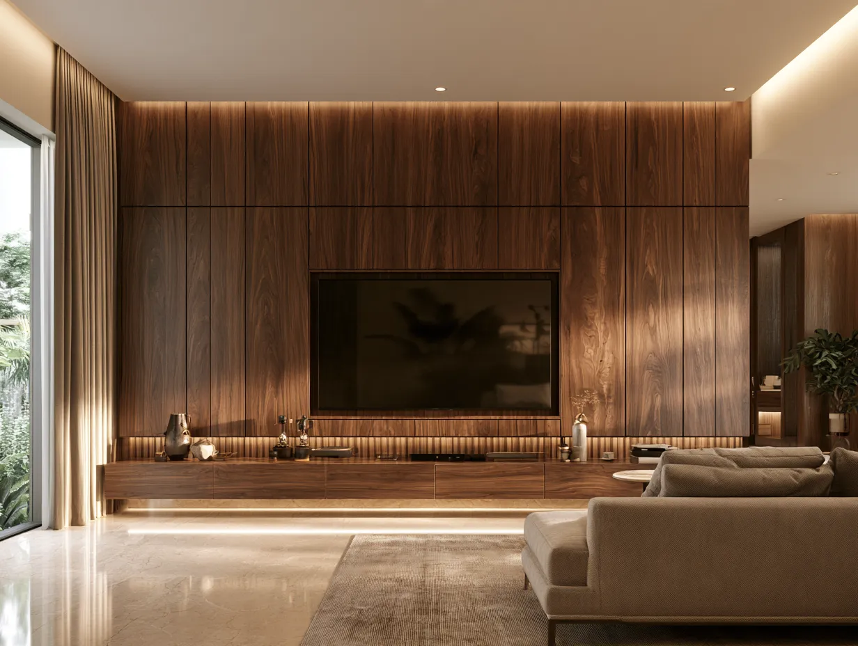 Luxury TV Panel with Full-Height Veneer Back Wall Luxury LED Panel Design with Full-Height Veneer Back Wall for Living Room