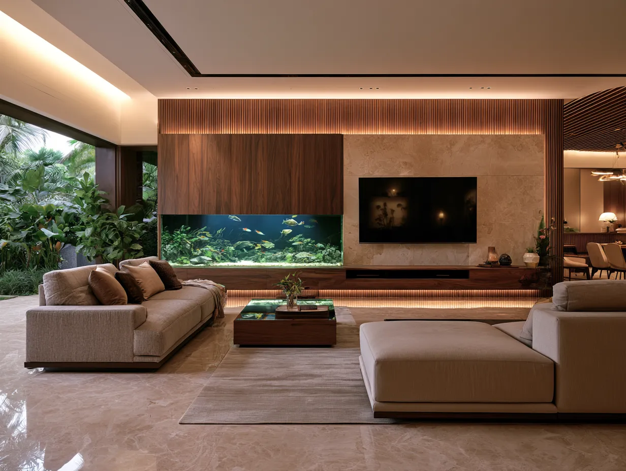 Luxury LED Panel with Integrated Aquarium Luxury LED Panel Design with Integrated Aquarium for Living Room