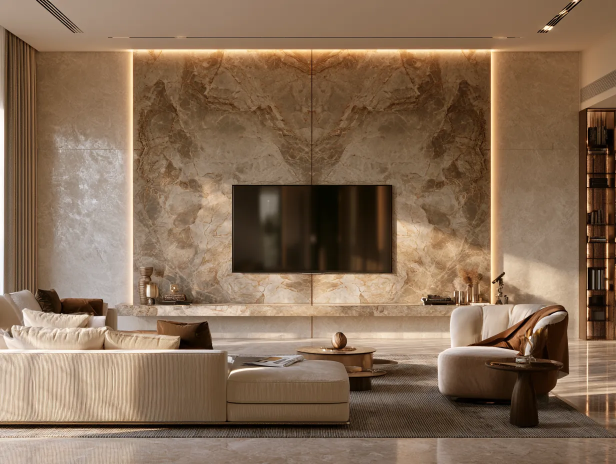 Luxury TV Panel with Book-Matched Marble Wall Luxury TV Panel Design with Book-Matched Marble Wall