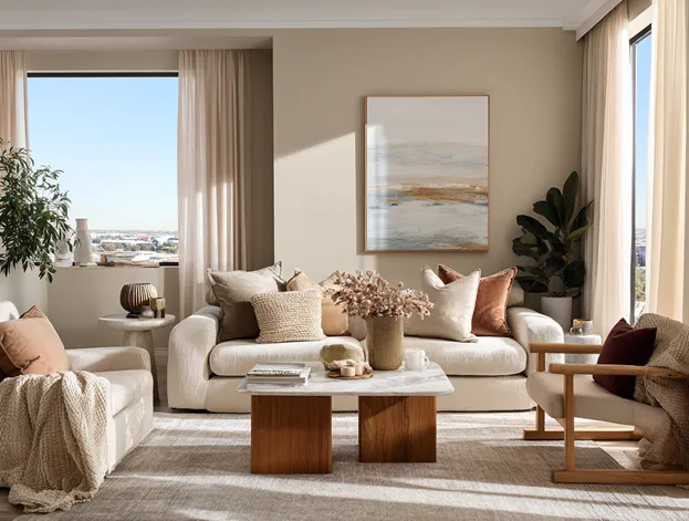 Neutral Beige Wall with One Saturated Tone- Drawing Room Interior Design Idea