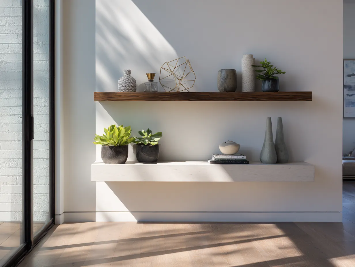 Open Shelves with Wall Sculptures- Drawing Room Interior Design Idea