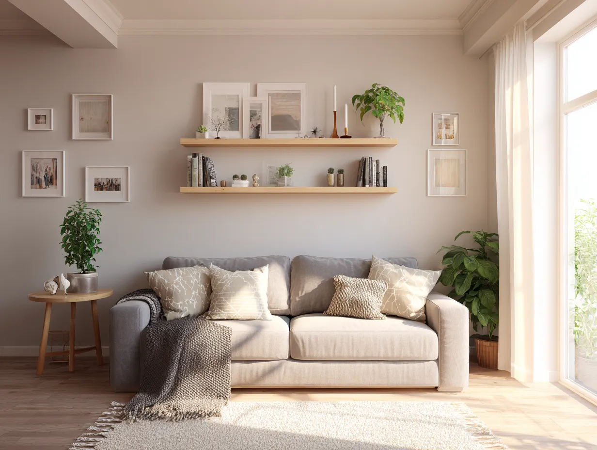 Open Wall Shelf Above Sofa- Simple Hall Interior Design Ideas