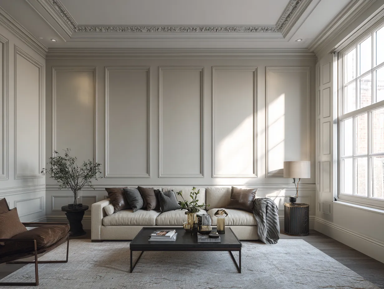 Panelled Accent Wall Behind the Sofa- Drawing Room Interior Design Idea