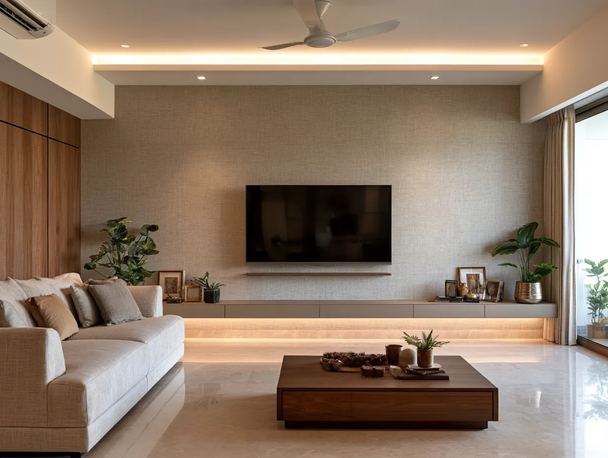Simple TV Panel with Textured Wallpaper Simple TV Panel Design with Textured Wallpaper for Living Room