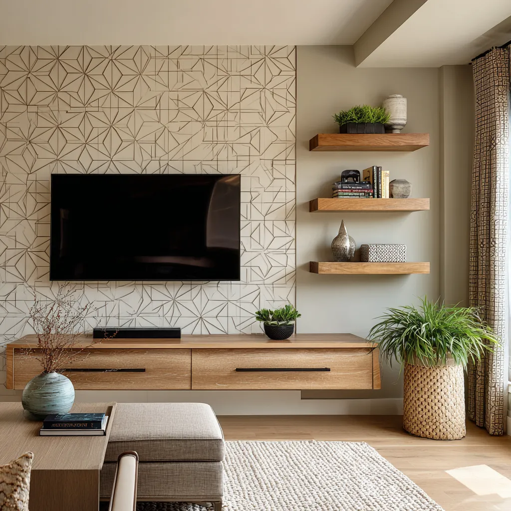 Simple TV Panel Design with Wallpaper Backdrop