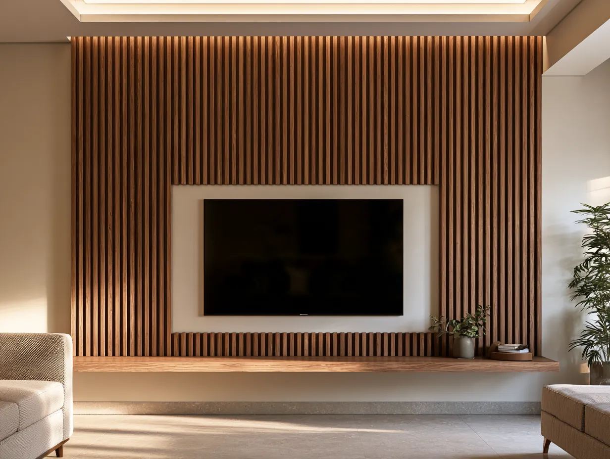 Simple TV Panel with Wooden Battens Simple TV Panel Design with Wooden Battens for Living Room