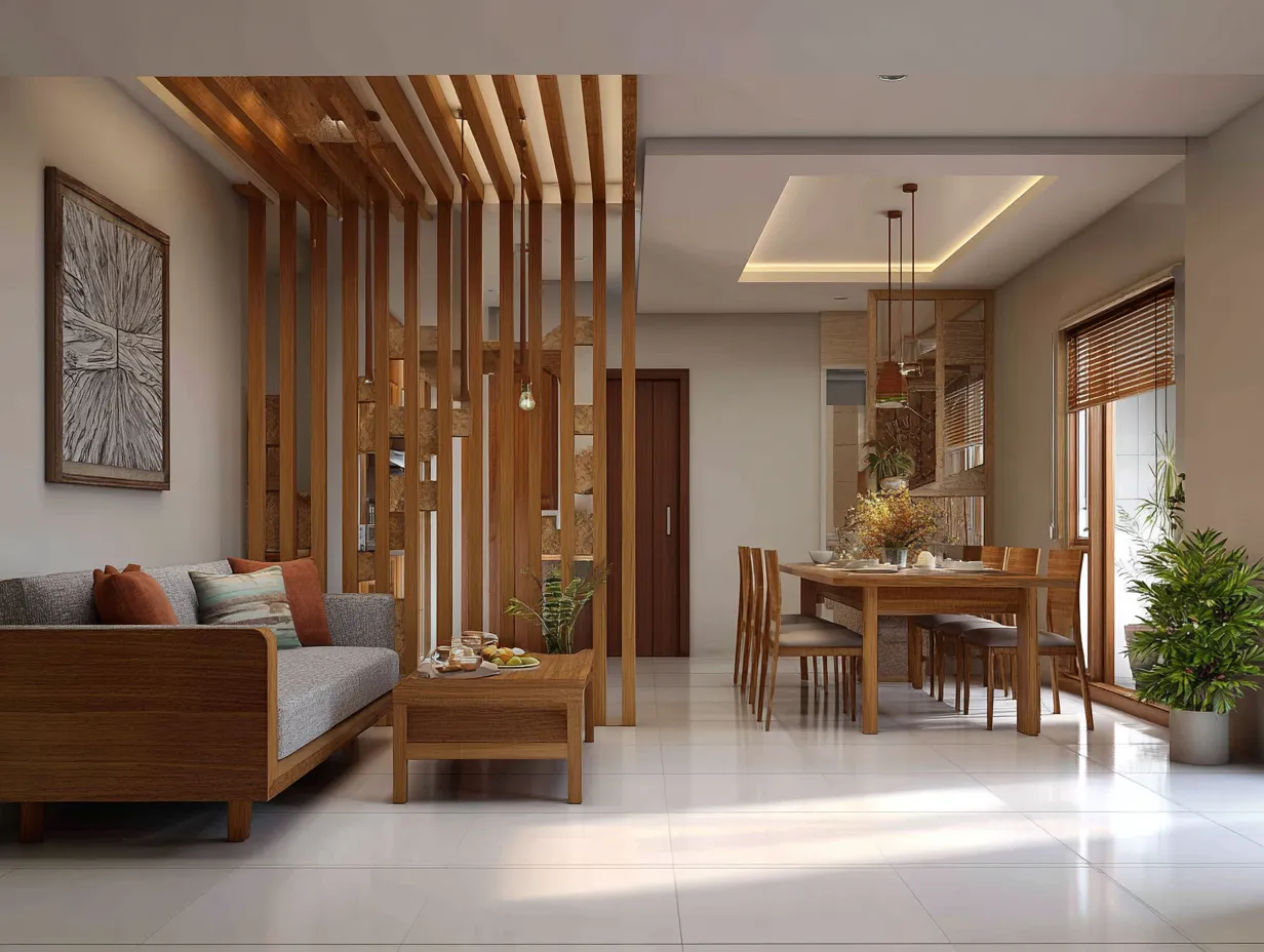 Simple Wooden Partition Between Hall and Dining- Middle Class Hall Interior Design Ideas