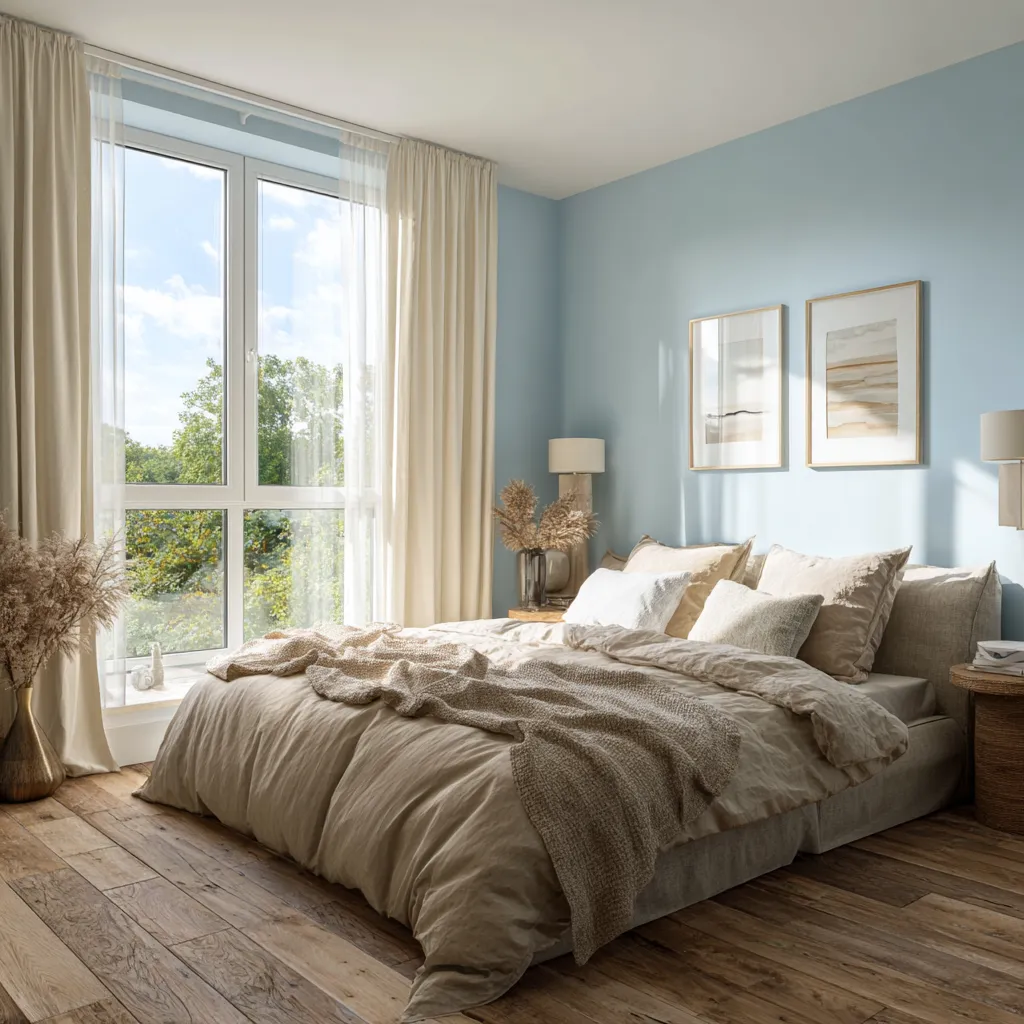 Sky Blue and Beige Light Colour Combination for Bedroom Walls
