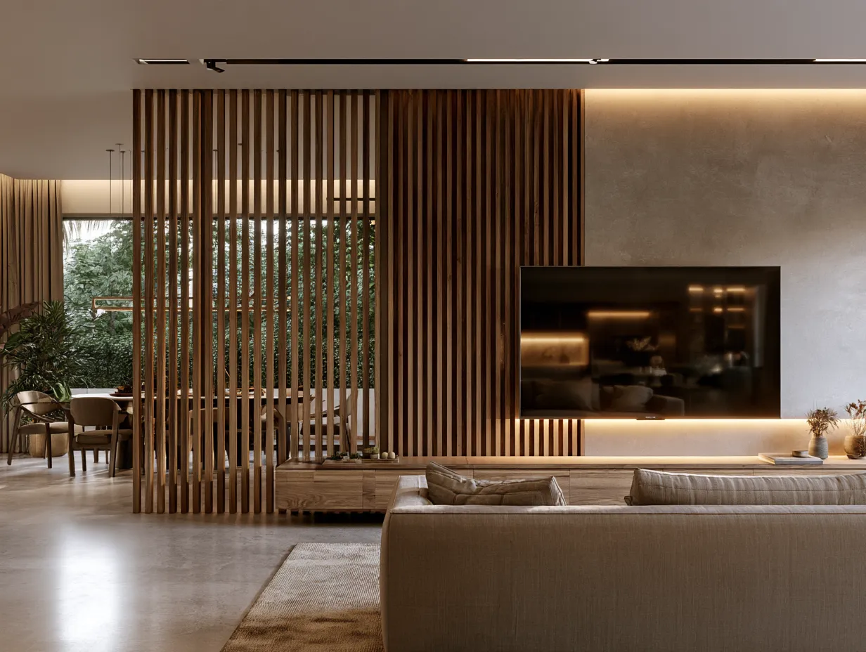 Slatted Divider TV Panel for Open Living and Dining Room Slatted Divider LED Panel Design for Open Living and Dining Room