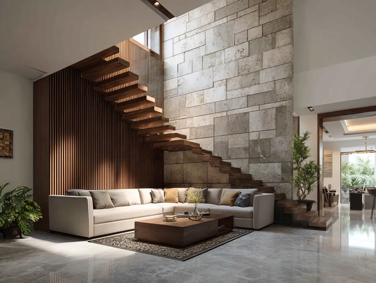 Staircase Feature Wall- Duplex Hall Interior Design Ideas