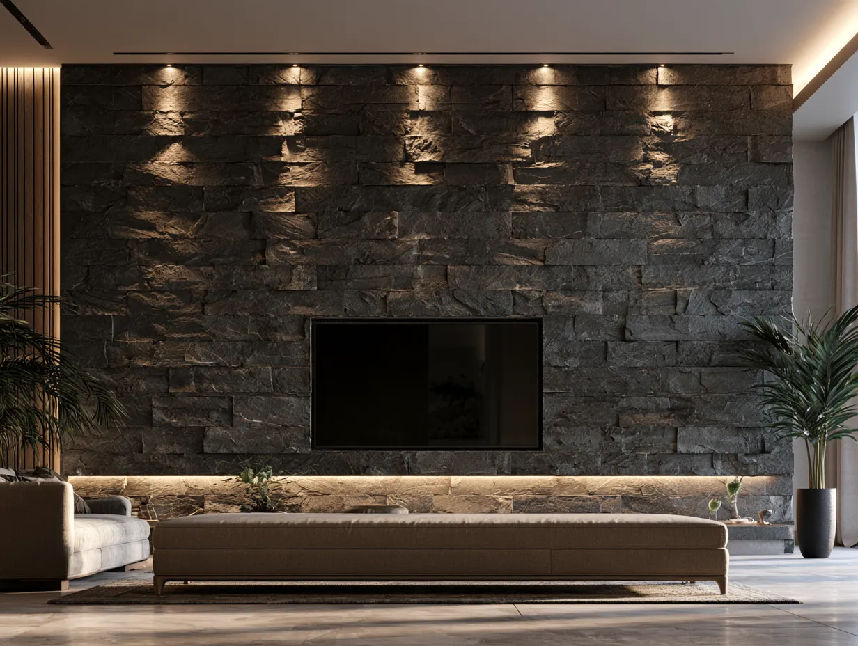 Stone Cladding TV Panel for Large Living Hall Stone Cladding LED Panel Design with Lighting for Living Hall
