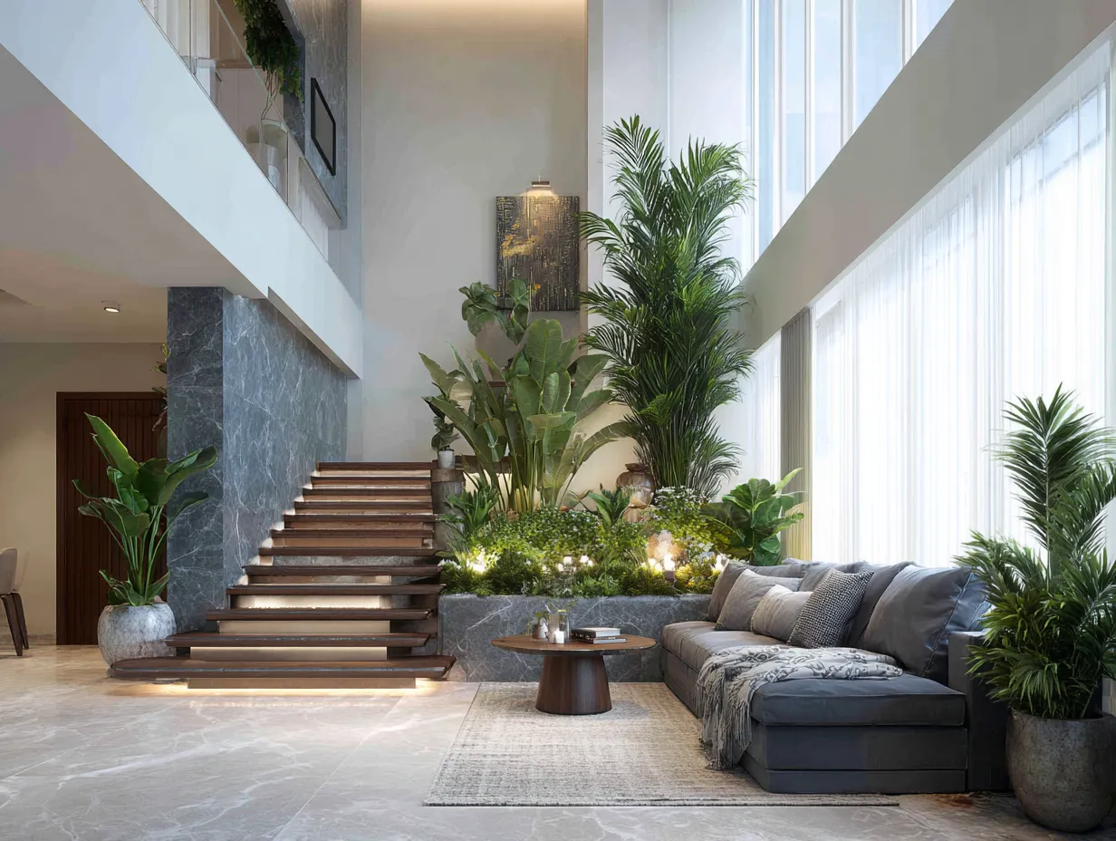 Tall Indoor Plants Near Staircase- Duplex Hall Interior Design Ideas
