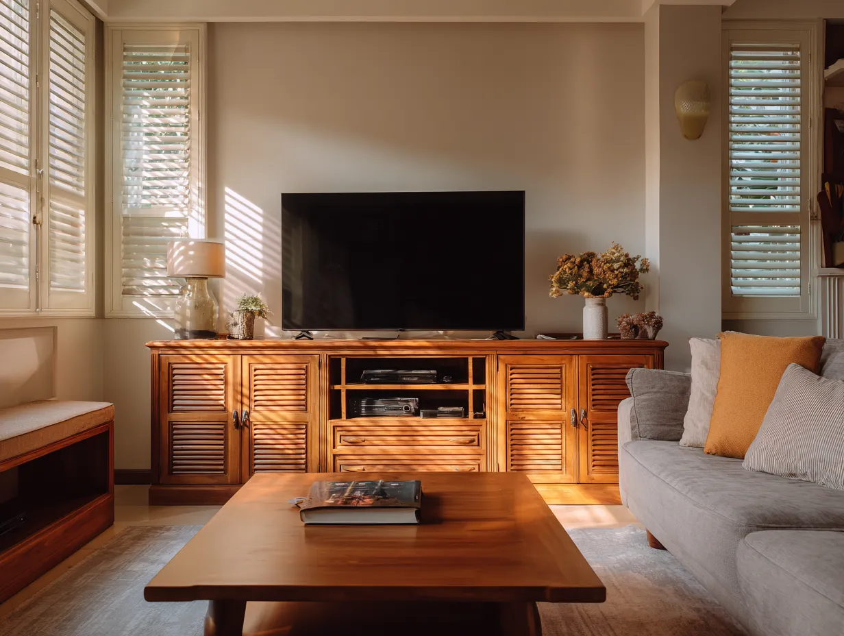 TV Cabinet with Closed Storage- Middle Class Hall Interior Design Ideas