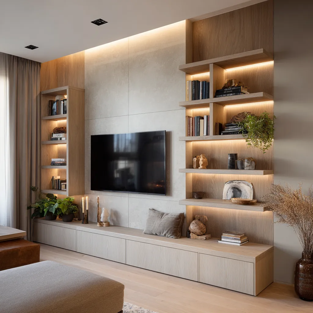 TV Panel Design with Built-In Shelves