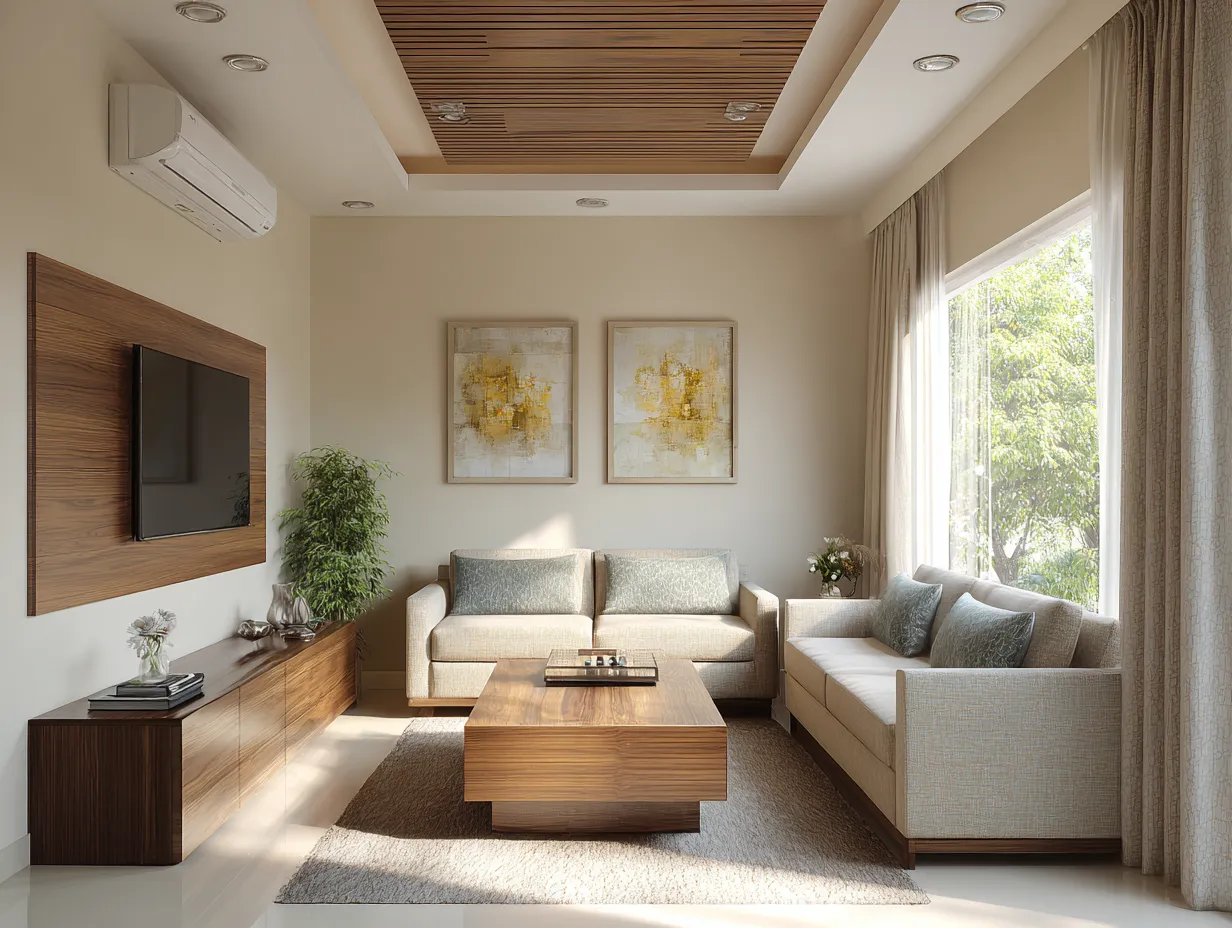 TV Unit on the Shorter Wall- Rectangular Hall Interior Design Ideas