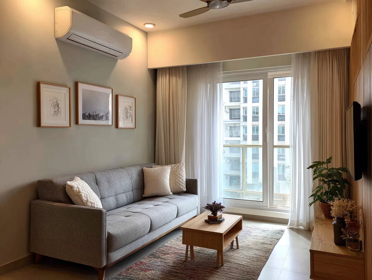 TV Wall Opposite Compact Sofa Layout- Hall Interior Design for Flats and 2 BHK Homes