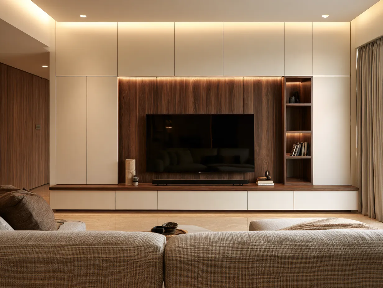 Two-tone LED Panel with Storage for Medum Living Room Two-tone LED Panel Design with Storage for Medum Living Room