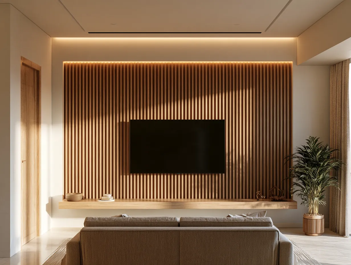 Floating Panel with Vertical Fluting for Small Living Room Vertical Fluted Floating TV Panel Design for Small Living Room