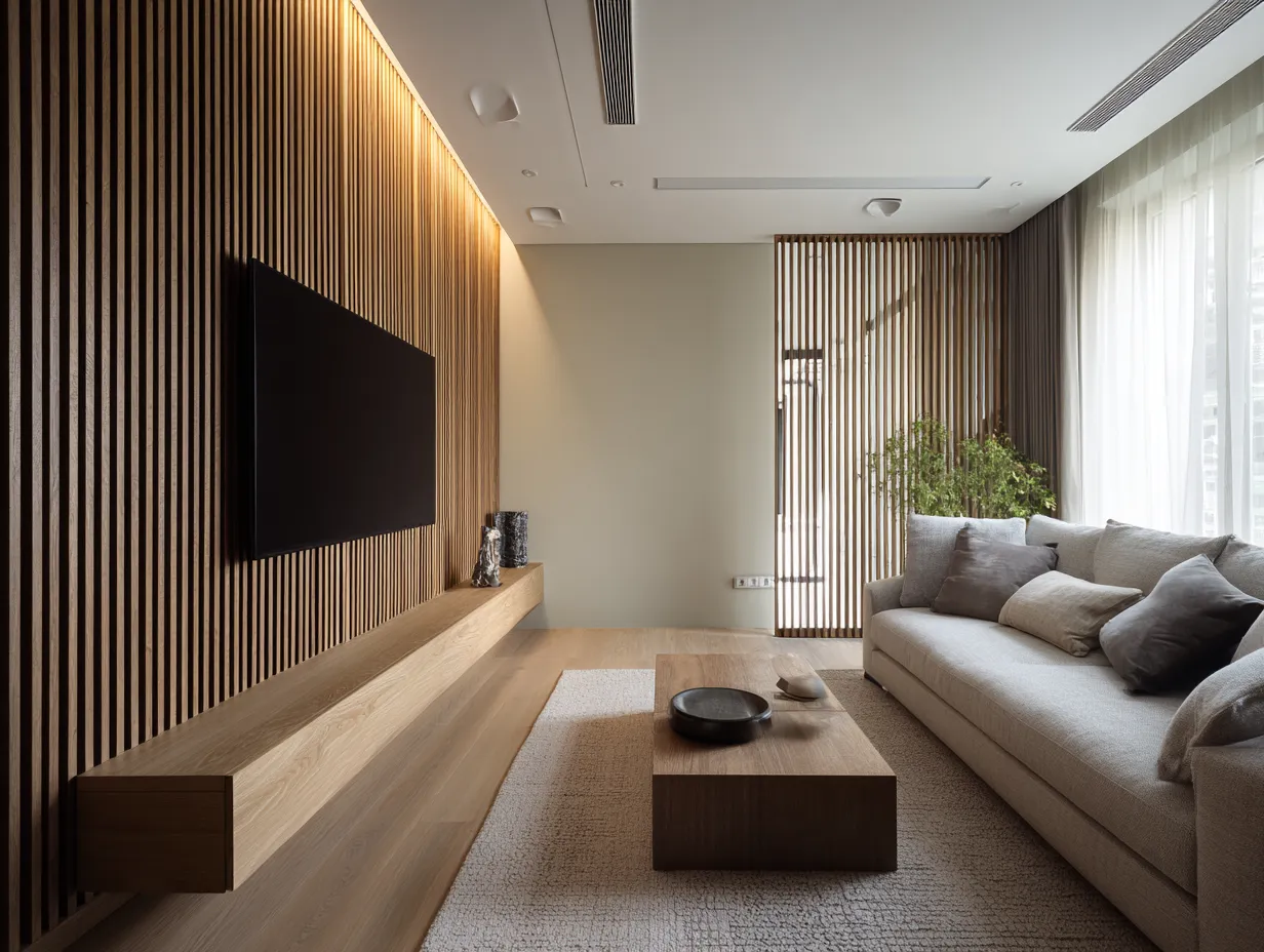 Vertical Wooden Slat TV Wall- Modern Hall Interior Design Ideas