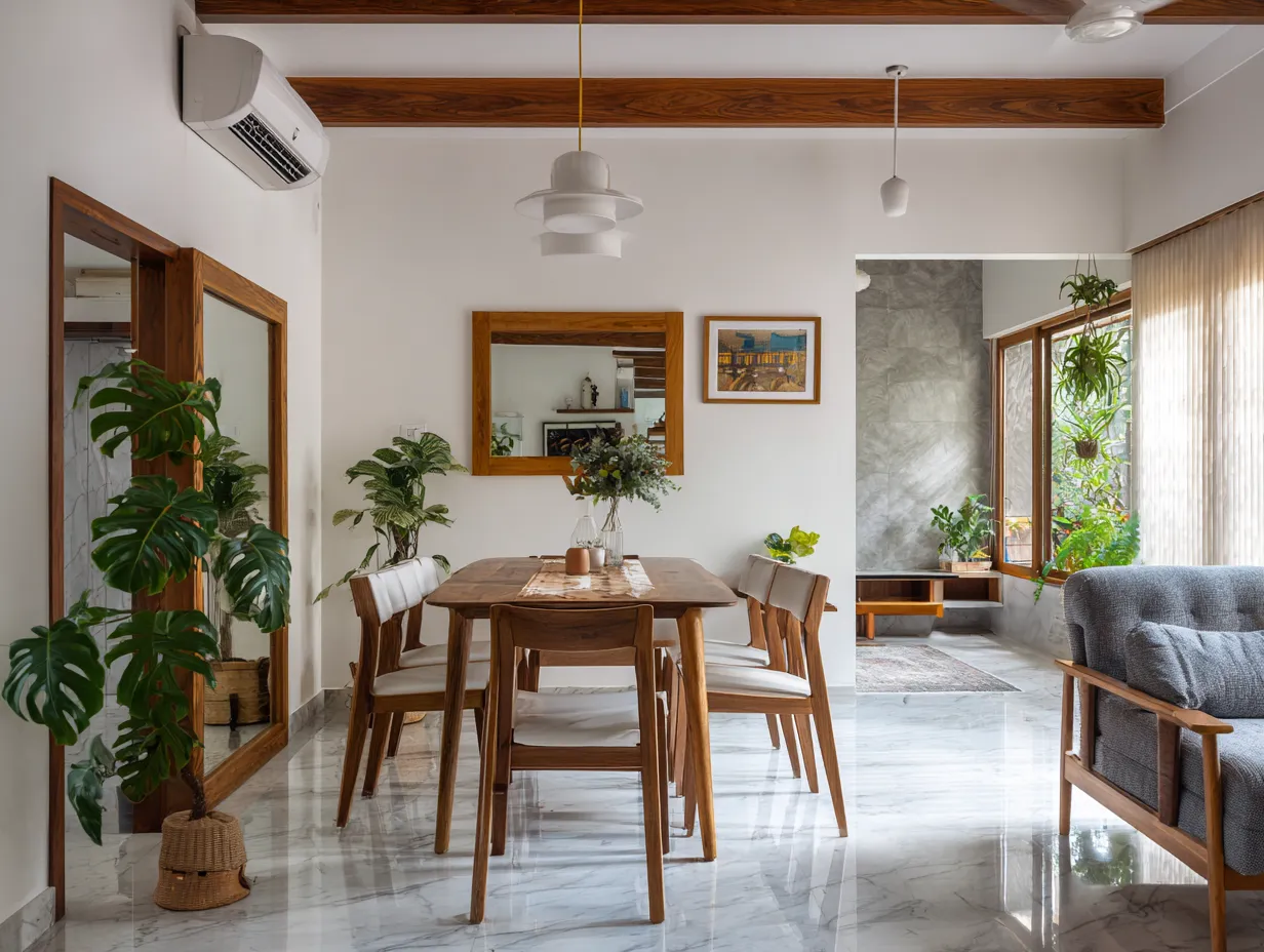 Wall Mirror Near the Dining Area- Dining Hall Interior Design Ideas