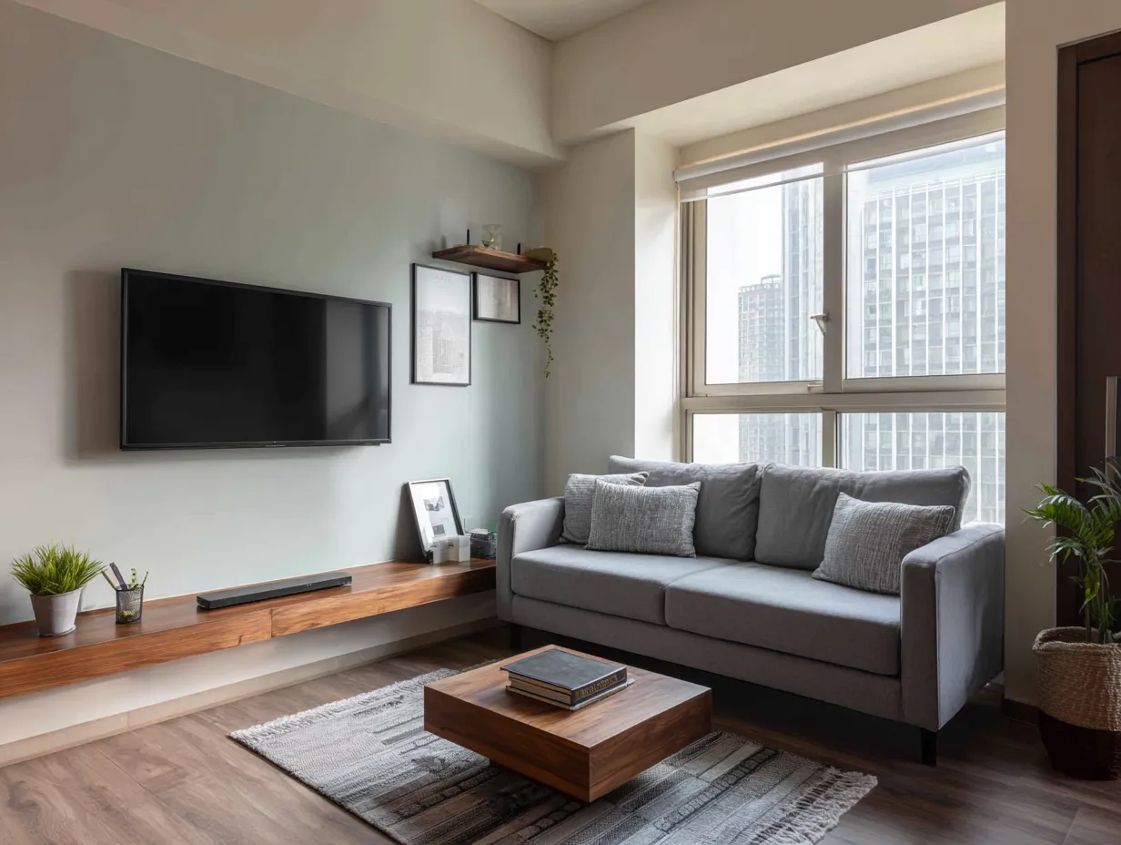 Wall-Mounted TV To Free Floor Space- Small Hall Interior Design Ideas