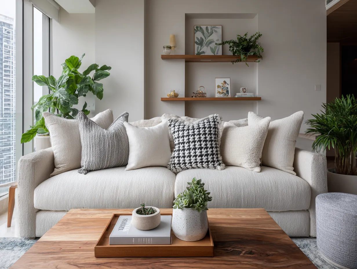 Wooden Centre Table with Small Decor Pieces- Simple Hall Interior Design Ideas