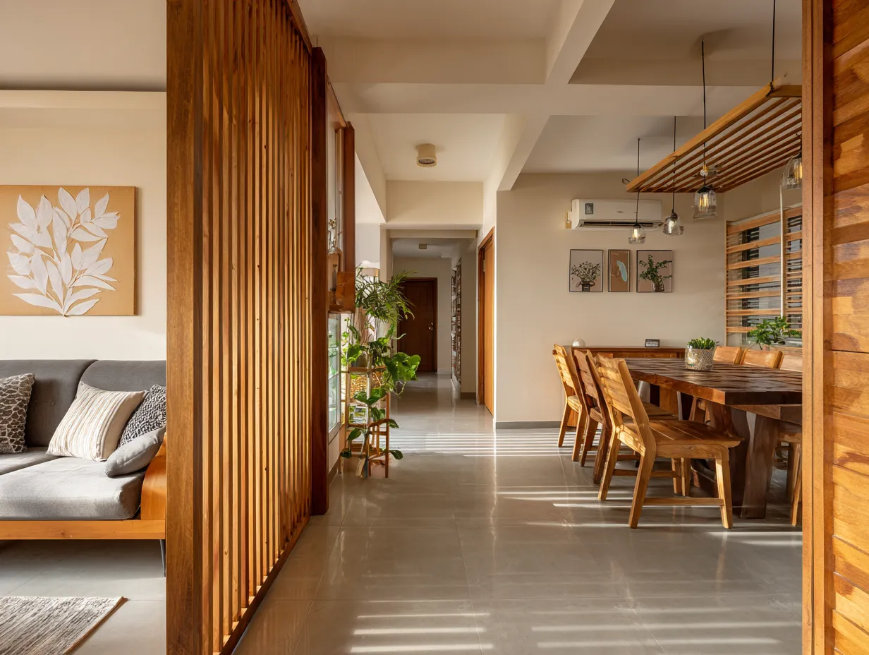 Wooden Partition Between Dining and Hall- Dining Hall Interior Design Ideas