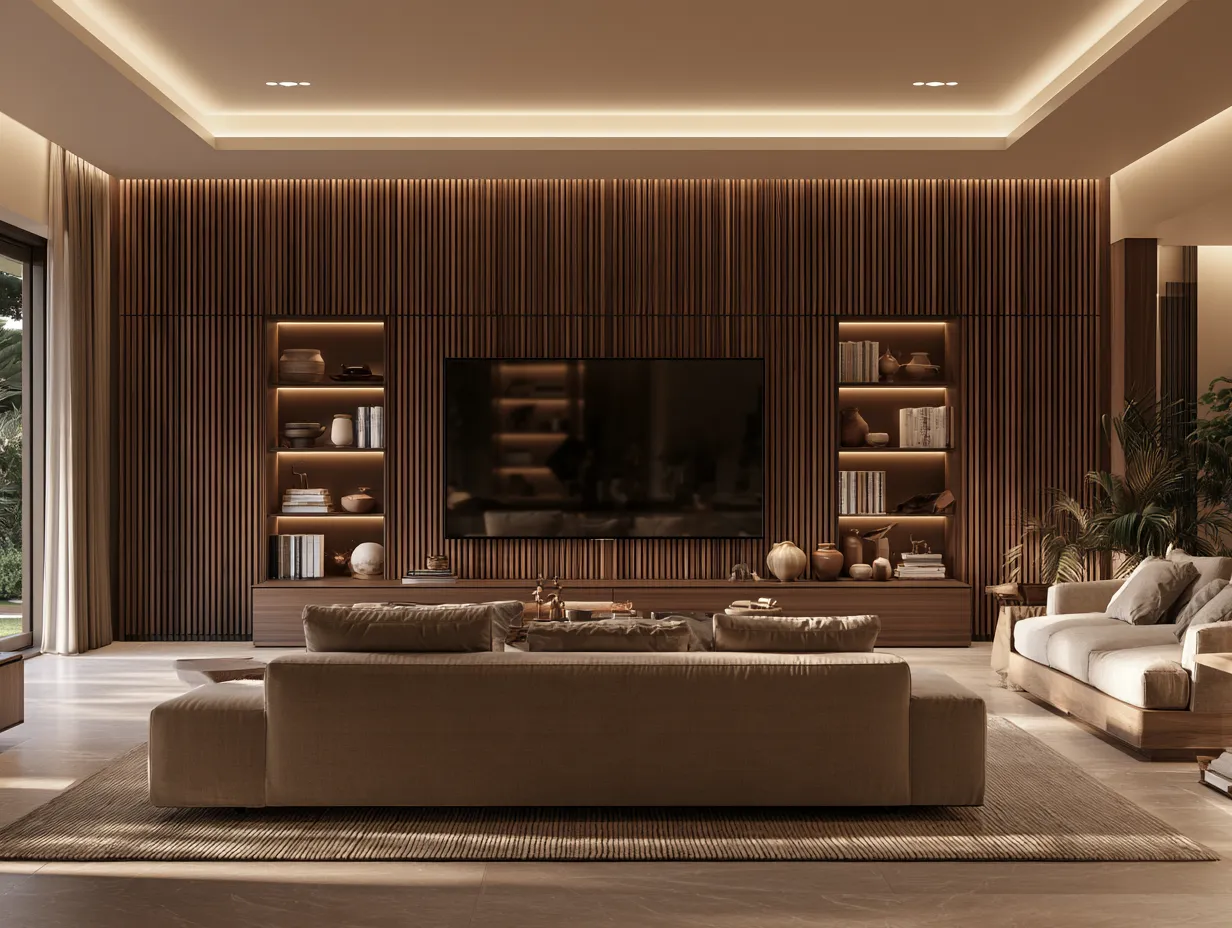 Wooden Slat TV Panel with Shelves for Main Hall Wooden Slat LED Panel Design with Shelves for Main Hall