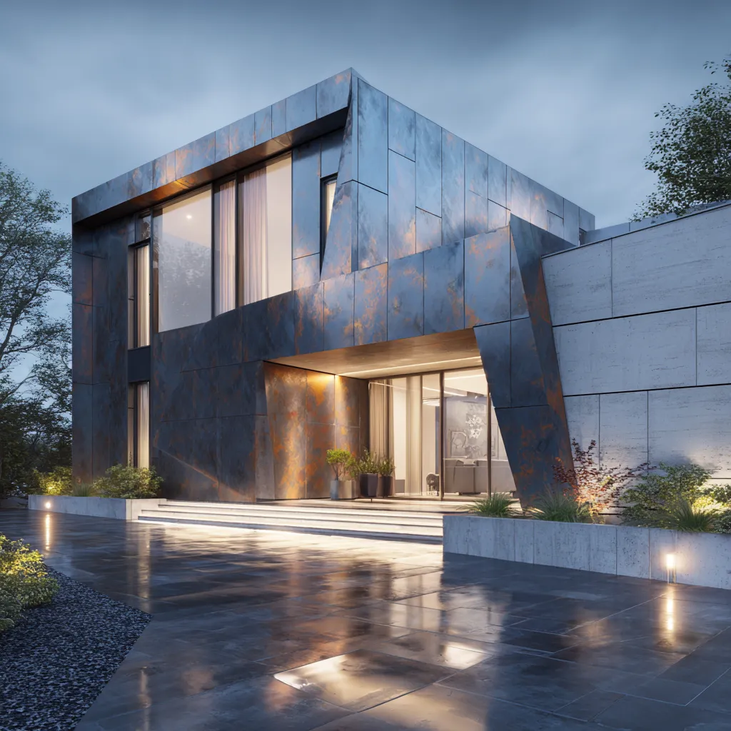 Metallic Finish Front Wall Tiles Design for House